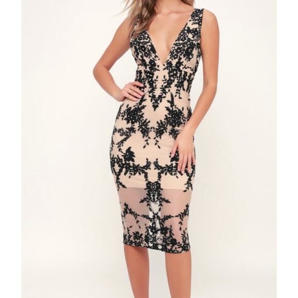 BARDOT Size 4 XS Dress Sheer Mesh Floral Embroidered pencil wiggle Beige Black - Picture 1 of 7